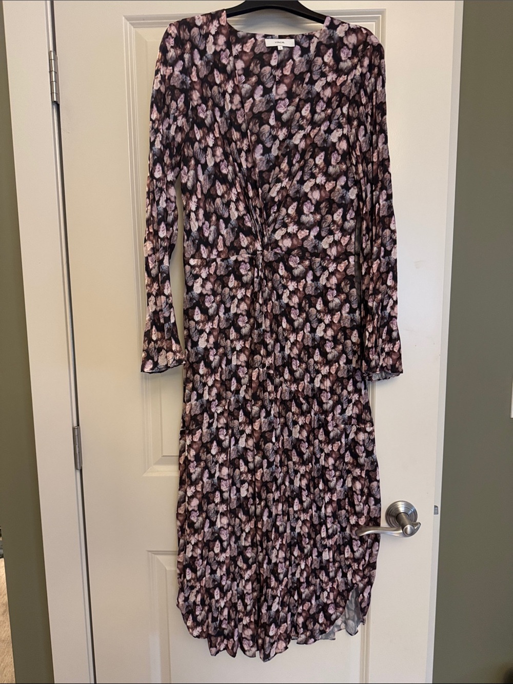 Vince Black Long-Sleeve Twist-Front Floral Midi Dress